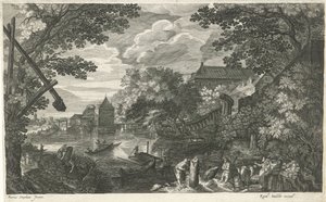 Rivierlandschap met vissers en werklui door Egidius  Sadeler (II)