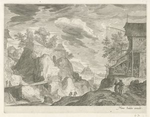 Rotslandschap met herberg en huizen door Egidius  Sadeler (II)