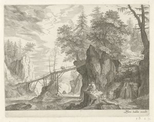 Tekenaar zittend op een steen voor een brug (Berglandschappen uit Tirol)