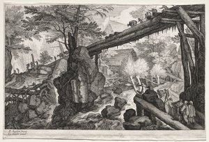 Acht Boheemse landschappen: Landschap met boomstambrug over waterval, ca. 1610-1615