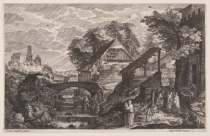 Boerderijen aan de rechterkant van een rivier, uit Acht scènes uit Bohemen door Aegidius Sadeler II