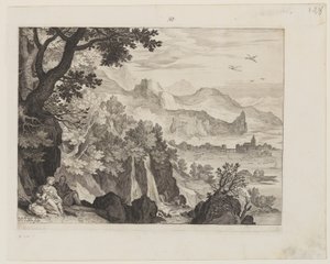 Berglandschap met de rest op de vlucht naar Egypte door Aegidius Sadeler II