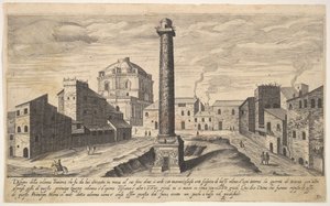 Blad 31: uitzicht op de zuil van Trajanus, getoond met zijn voetstuk uitgegraven uit de aarde, 1606 door Aegidius Sadeler II