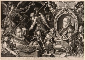 Portret van Bartolomaeus Spranger met een allegorie op de dood van zijn vrouw, Christina Müller door Aegidius Sadeler II
