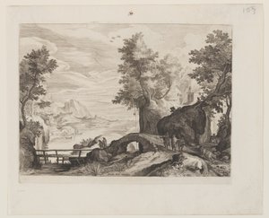 Rivierlandschap met een stenen brug en een houten brug door Aegidius Sadeler II