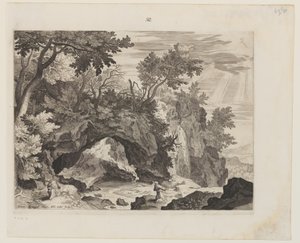 Rotsachtig landschap met de stigmatisering van Sint Franciscus door Aegidius Sadeler II