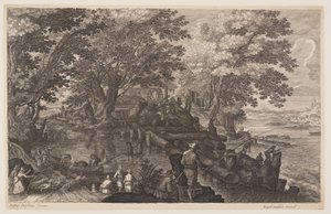 Eerste scène: Watermolen op een eiland in een rivier met vissende mannen, uit Acht scènes uit Bohemen