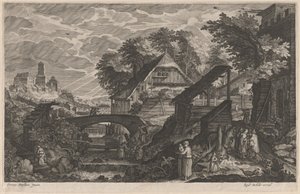 Boerderijen bij een Rivier met een Stad in de Verte door Aegidius Sadeler II after Pieter Stevens