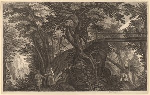 Boslandschap met Twee Mannen en een Vrouw die Rusten bij een Brug door Aegidius Sadeler II after Pieter Stevens