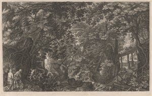 Jagers in een bos bij een houten brug door Aegidius Sadeler II after Pieter Stevens