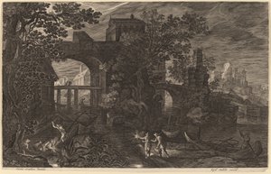 Nachtelijk landschap met rivier vissers buiten de stadsmuren