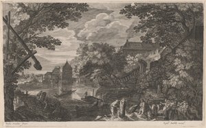 Rivierlandschap met Vissers bij een Versterkte Stad door Aegidius Sadeler II after Pieter Stevens