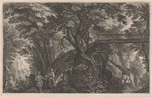 Reizigers rusten in een bergbos bij een boomstambrug door Aegidius Sadeler II after Pieter Stevens