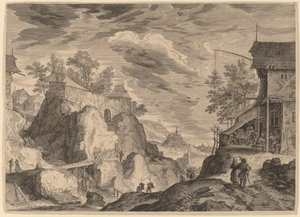 Landschap met een Herberg Rechts en een Huis op Rotsen Links door Aegidius Sadeler II after Roelandt Savery