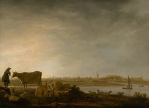 Een Uitzicht op Vianen met een Herder en Vee bij een Rivier door Aelbert Cuyp