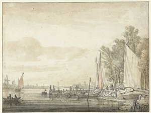 Boten bij een steiger in een rivier door Aelbert Cuyp