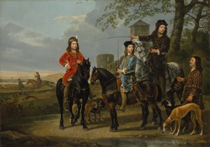Ruiterportret van Cornelis en Michiel Pompe van Meerdervoort met hun Leraar en Koetsier, Vertrekkend voor de Jacht, c.1652-53 door Aelbert Cuyp