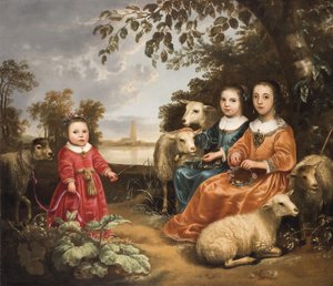 Drie meisjes met schapen in een landschap door Aelbert Cuyp