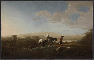 Reizigers in heuvelachtig landschap, ca. 1650