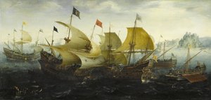 Slag bij Cadiz Nederlandse en Engelse schepen vallen de Spaanse Armada aan, 1608