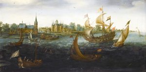 Ships off IJsselmonde door Aert Anthoniszoon