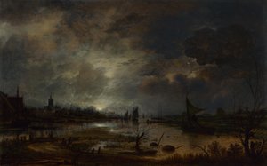 Een Rivier bij een Stad, bij Maanlicht door Aert van der Neer