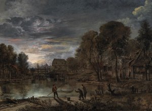 Een nachtelijk landschap met vissers door Aert van der Neer