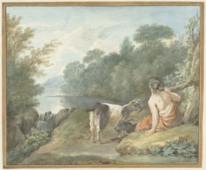 Herderin met geiten in een landschap met een meer door Aert Schouman