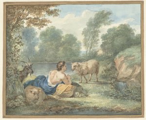 Herderin met schapen in een landschap met een meertje
