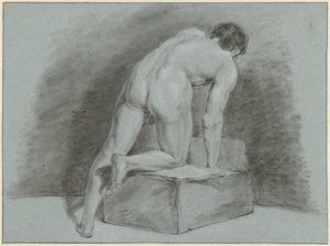 Mannelijk naakt, voorovergebogen, op de rug gezien door Aert Schouman