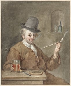 Pijprokende man aan een tafel met een bord, een mes en een glas door Aert Schouman