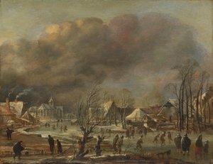 Winterlandschap met kerk en boerderijen