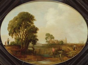 Een landschap met rietsnijders door Aert van der Neer
