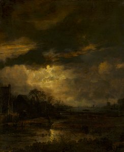 Landschap bij zonsondergang door Aert van der Neer