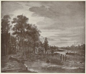 Rivierlandschap bij maanlicht met figuren door Aert van der Neer