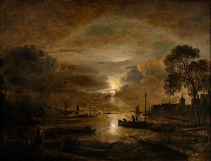 Maanlicht aan een Nederlandse rivier, c.1650 door Aert van der Neer