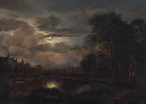 Landschap bij maanlicht met brug door Aert van der Neer