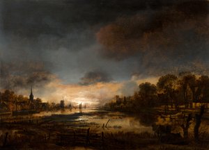 Rivierlandschap bij zonsondergang door Aert van der Neer