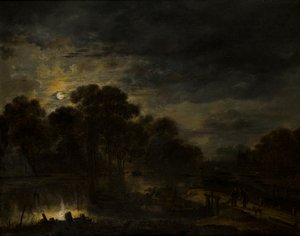 Rivierlandschap bij maanlicht