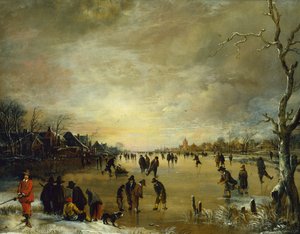 Winterlandschap bij zonsondergang met mensen die golfen en schaatsen