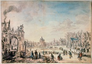 Winterlandschap met schaatsers, Nederlandse schilderij uit de 17e eeuw
