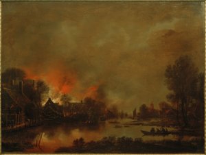 Nachtelijk kanaallandschap met brand in een dorp door Aert van der Neer der Ältere