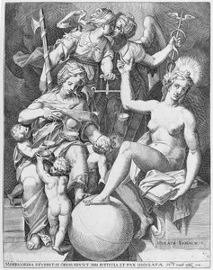Allegorie van de Psalm van David, Misericordia zittend links voedt vier kinderen, 1579