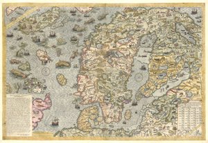 Een getrouwe reproductie van Carta marina (een wandkaart van Scandinavië door Olaus Magnus gepubliceerd in 1539) door After Olaus Magnus