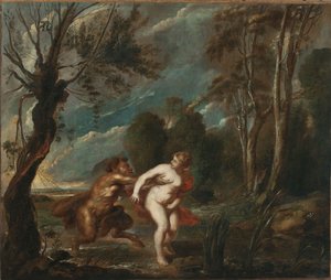 Landschap met een nimf en een sater door after Peter Paul Rubens