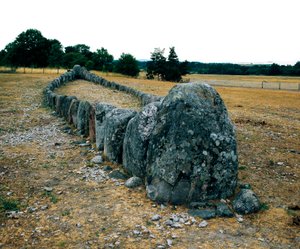 Uitlijning van stenen in de vorm van een schip, prehistorisch graf van Gannarve. Bronstijd. Dim 5x29 m Visby, Zweden