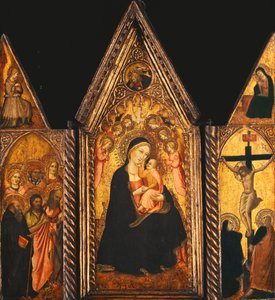 Een draagbaar drieluik met de Madonna en Kind op de troon met engelen door Agnolo Gaddi