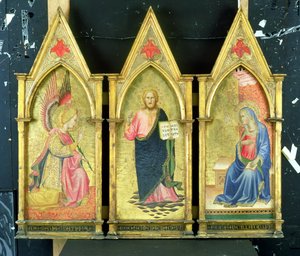 De aartsengel Gabriël; Christus de Verlosser; De Maagd Annunciate op gouden panelen door Agnolo Gaddi