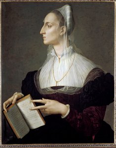 Portret van de Italiaanse dichteres Laura Battiferri die de sonnetten van Petrarca leest