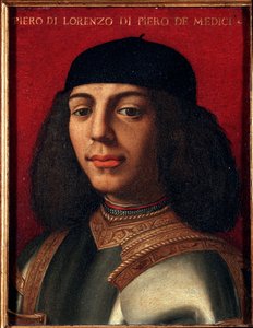 Portret van Peter II van Medici (1472-1503) (Piero di Lorenzo de Medici of Piero de Ongelukkige) Italiaanse politicus en militair, zoon van Lorenzo de Magnifieke Schilderij door Agnolo Allori genaamd de Bronzino (1503-1572), olieverf op koper Dim 15x12 cm door Agnolo Bronzino